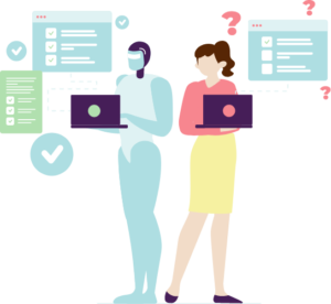 אוטומציה בעיצוב UX/UI: אישה ורובוט עם מחשבים ניידים. עיצוב מוצר של שירלי גואטה.