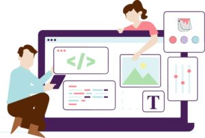 עיצוב ופיתוח אתרים: צוות עובד על קוד CSS, UX/UI בעיצוב מודרני.