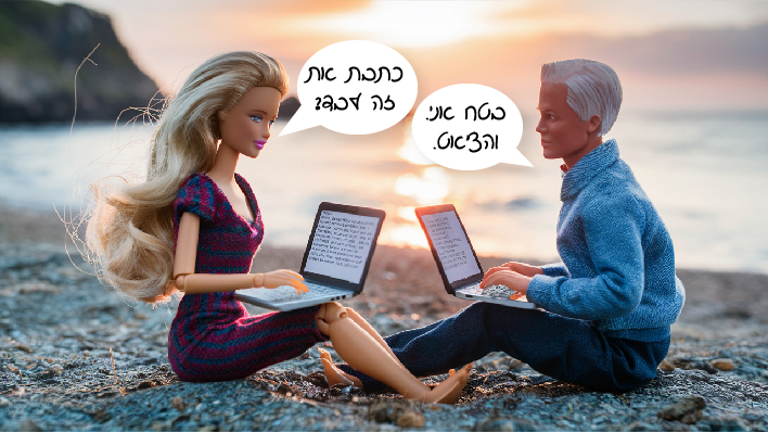 בובות ברבי וקן עובדות על מחשבים ניידים בחוף הים עם כתוביות טקסט.