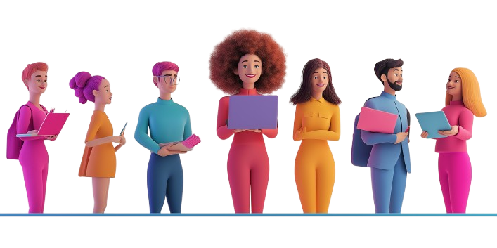 איור תלת מימדי נקי של קבוצת אנשים צבעוניים עם מחשבים ניידים וטאבלטים. צוות מגוון.