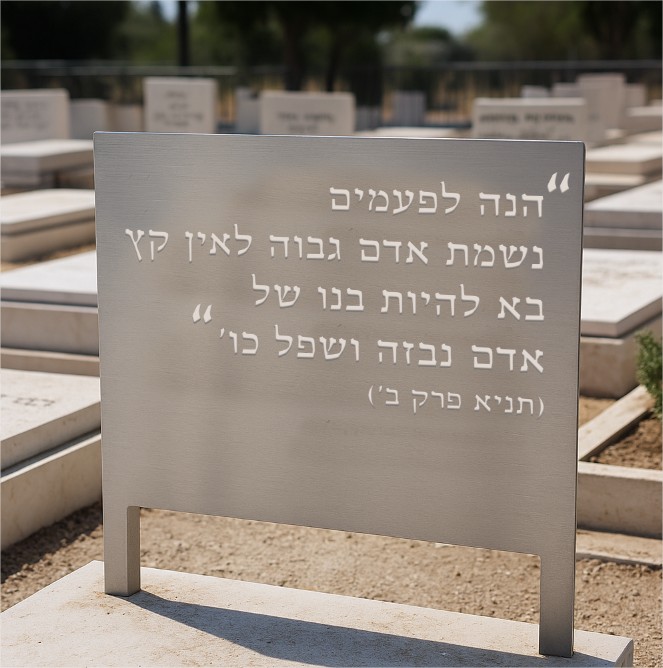 שלט אלומיניום בקבר "הנה לפעמים נשמת אדם גבוה לאין קץ בא להיות בנו של אדם נבזה ושפל כו'" תניא פרק ב'