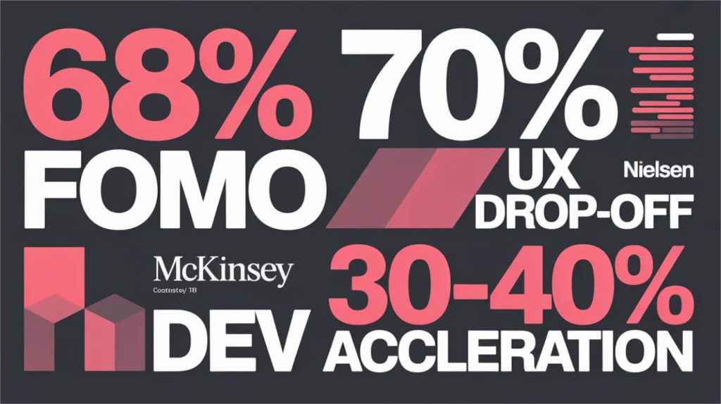 איור דיאגרמטי: נתונים סטטיסטיים כמו 68% FOMO, 70% UX Drop-off, McKinsey, האצת DEV של 30-40%.